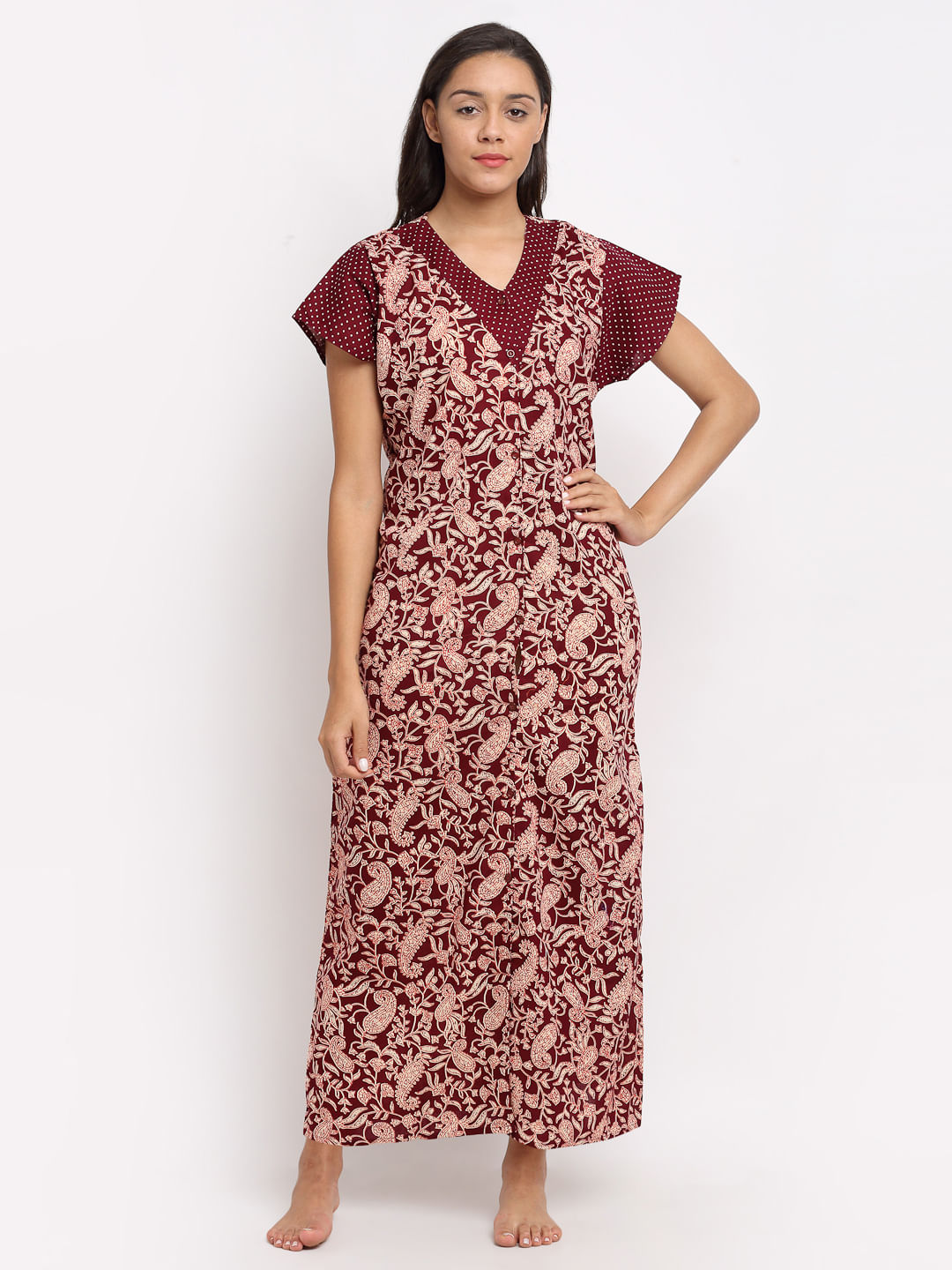Maroon Printed Cotton Nighty (Free Size)