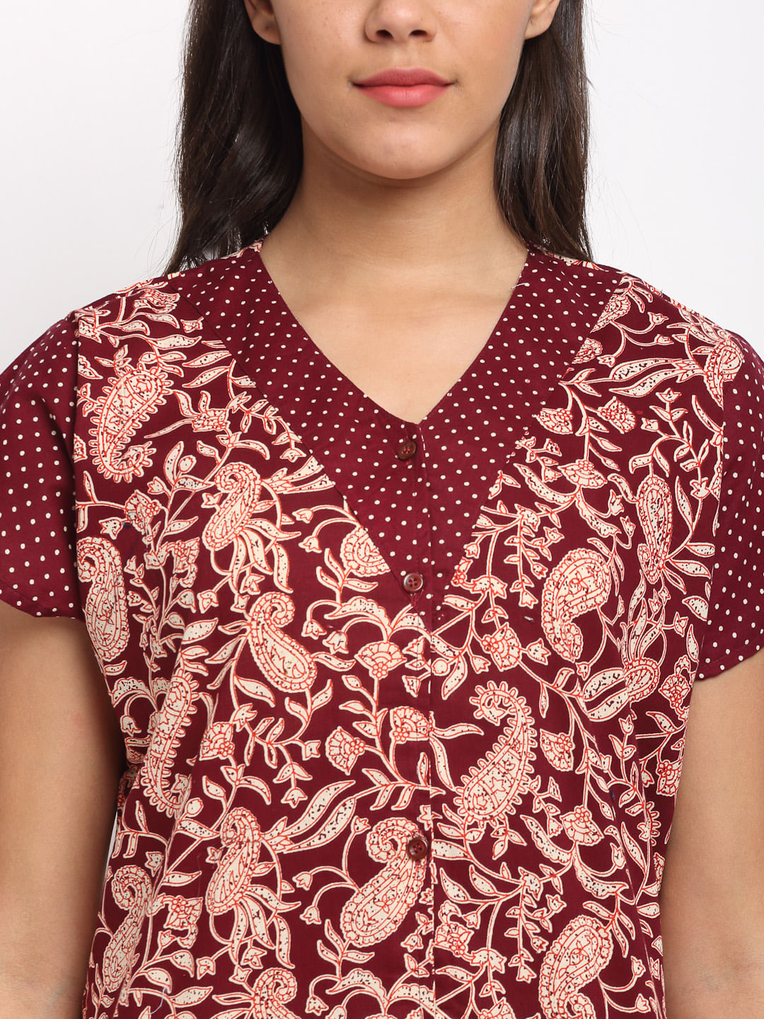 Maroon Printed Cotton Nighty (Free Size)