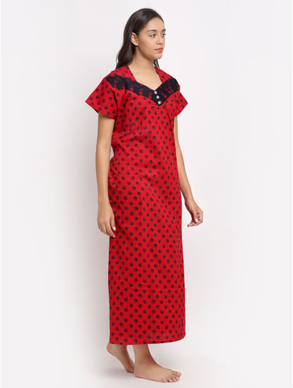 Secret Wish Women's Red Printed Cotton Nighty (Free Size)
