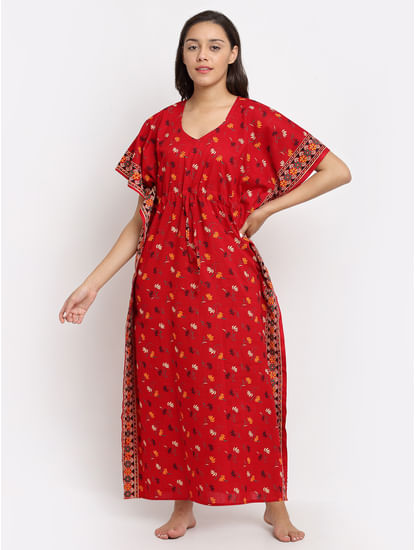 Secret Wish Women's Red Printed Cotton Kaftaan (Free Size)