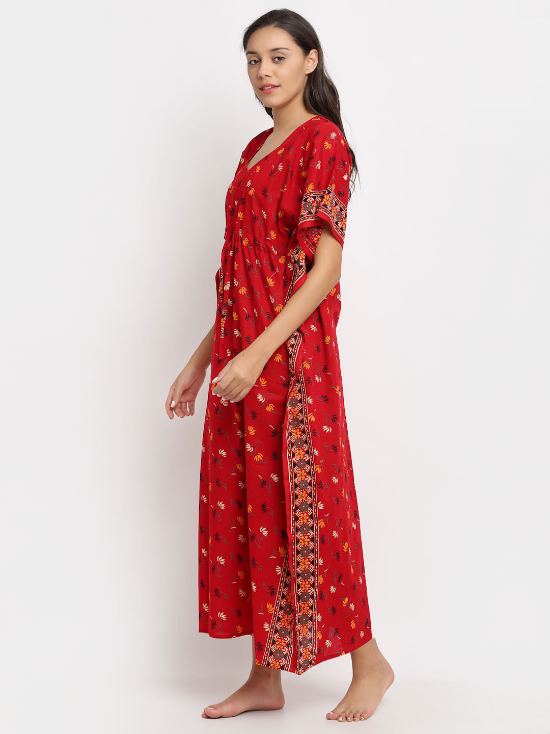 Red Printed Cotton Kaftaan (Free Size)