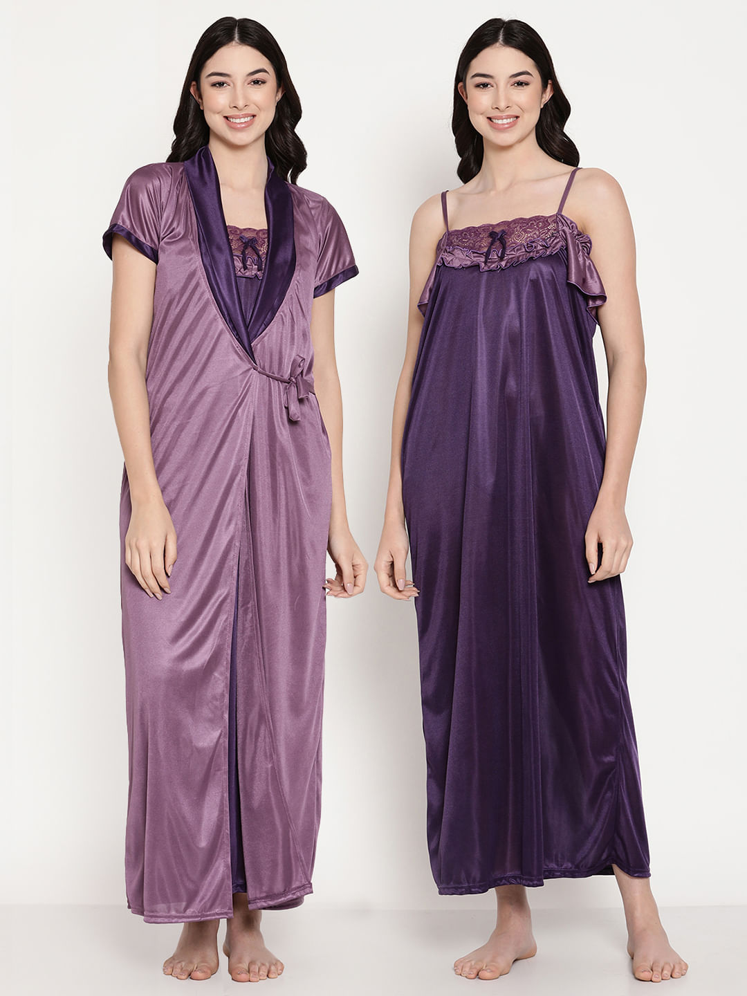 Buy Purple Satin 2 Piece Nighty with Robe Set for Women Online at Secret Wish 466591