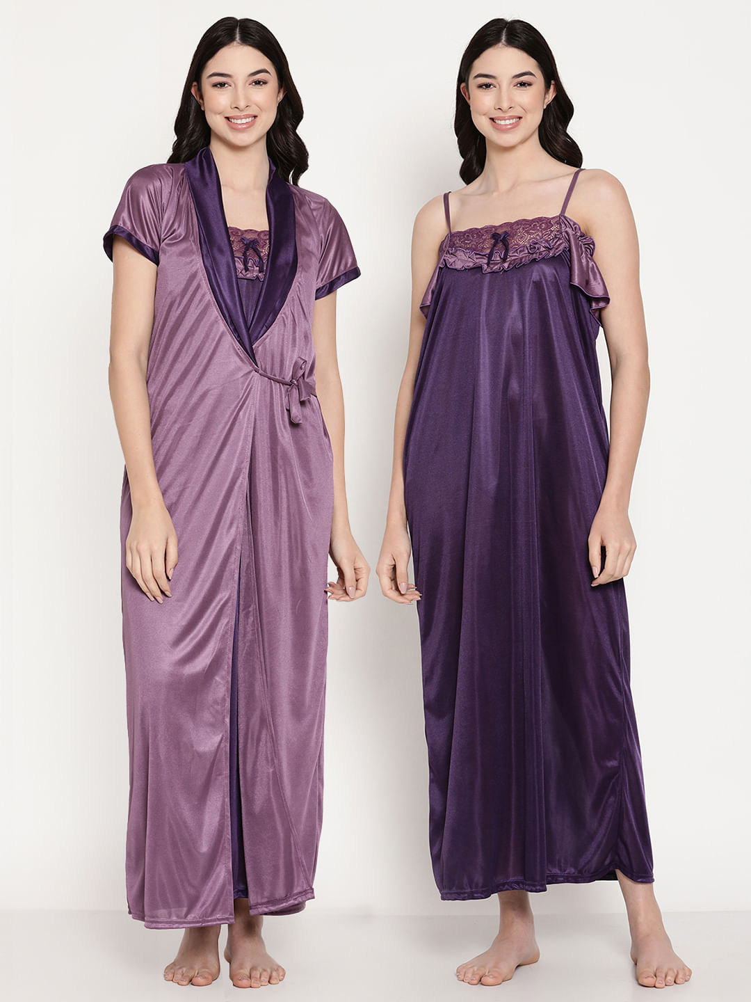 Buy Purple Satin 2 Piece Nighty with Robe Set for Women Online at