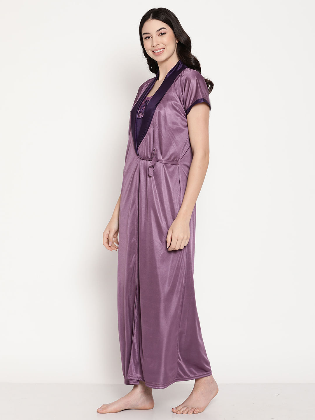 Secret Wish Women's Purple Satin 2 Piece Nighty with Robe Set