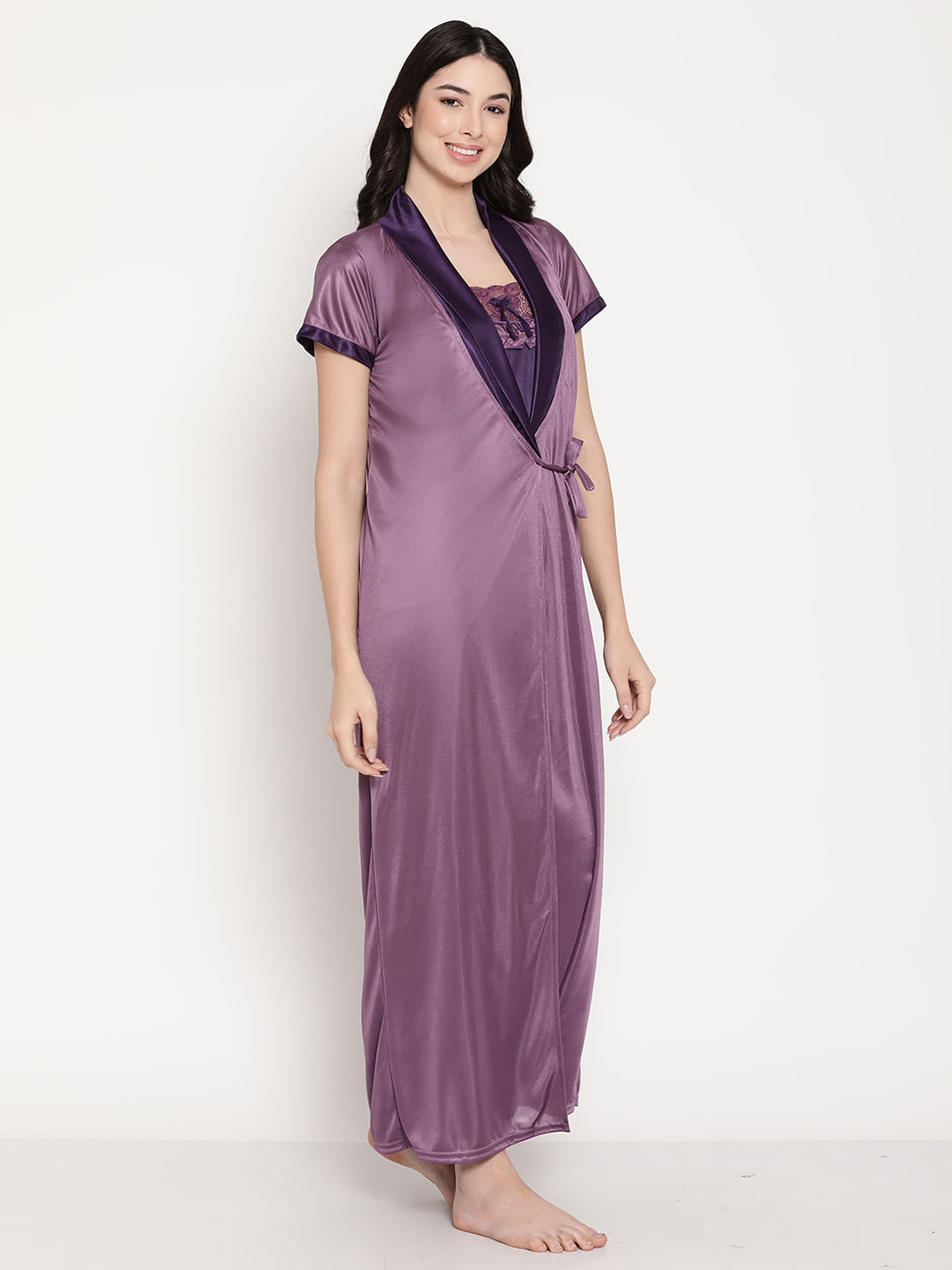 Secret Wish Women's Purple Satin 2 Piece Nighty with Robe Set