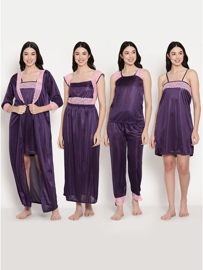 Purple Satin 7 Piece Nighty with Robe Set