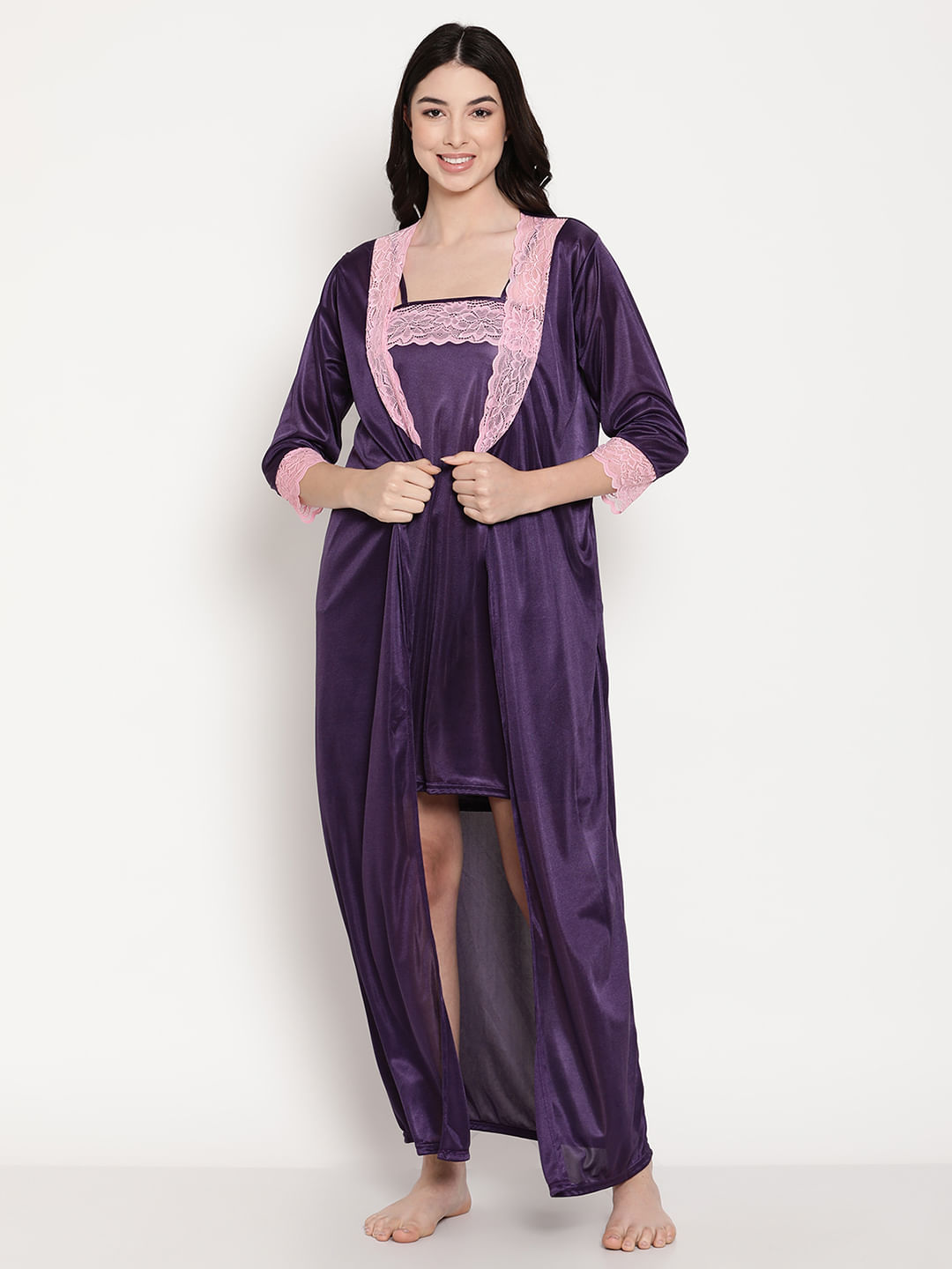 Secret Wish Women's Purple Satin 7 Piece Nighty with Robe Set