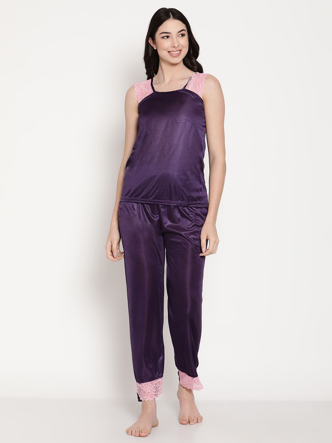 Secret Wish Women's Purple Satin 7 Piece Nighty with Robe Set