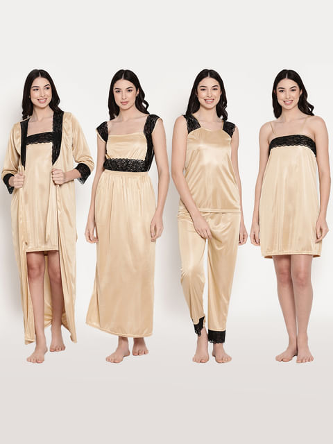 Secret Wish Women's Gold Satin 7 Piece Nighty with Robe Set