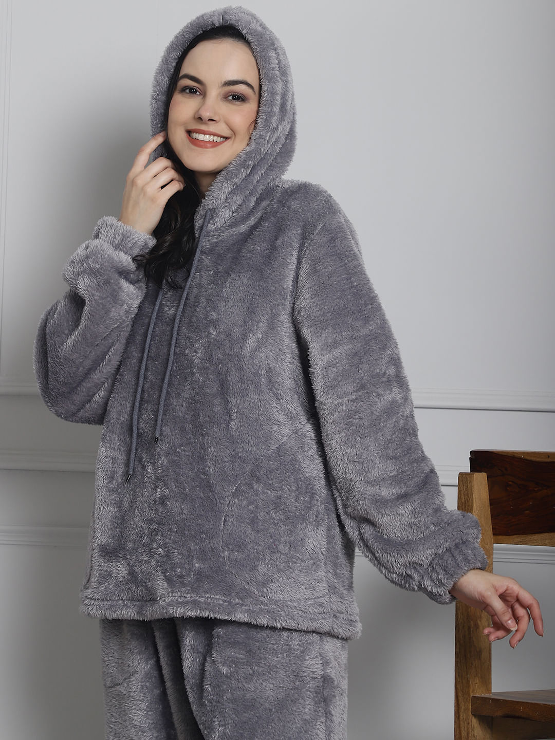 Grey Faux Fur Winter Night Suit
