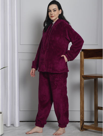 Velvet by night Purple Cotton Full Sleeves Printed Full Nighty For Women