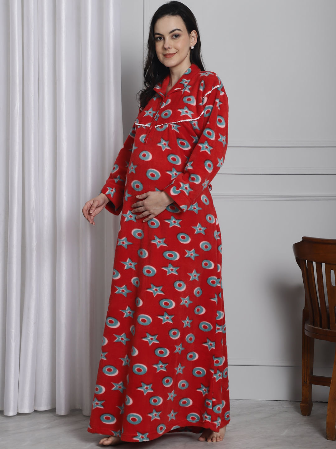 Red Printed Woolen Maternity Nighty