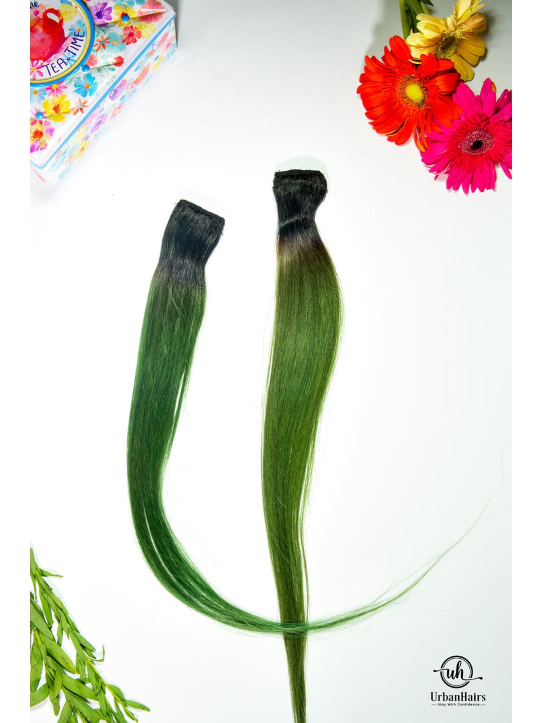 GREEN COLORED CLIP IN HAIR STREAKS  (100% HUMAN HAIR EXTENSIONS)