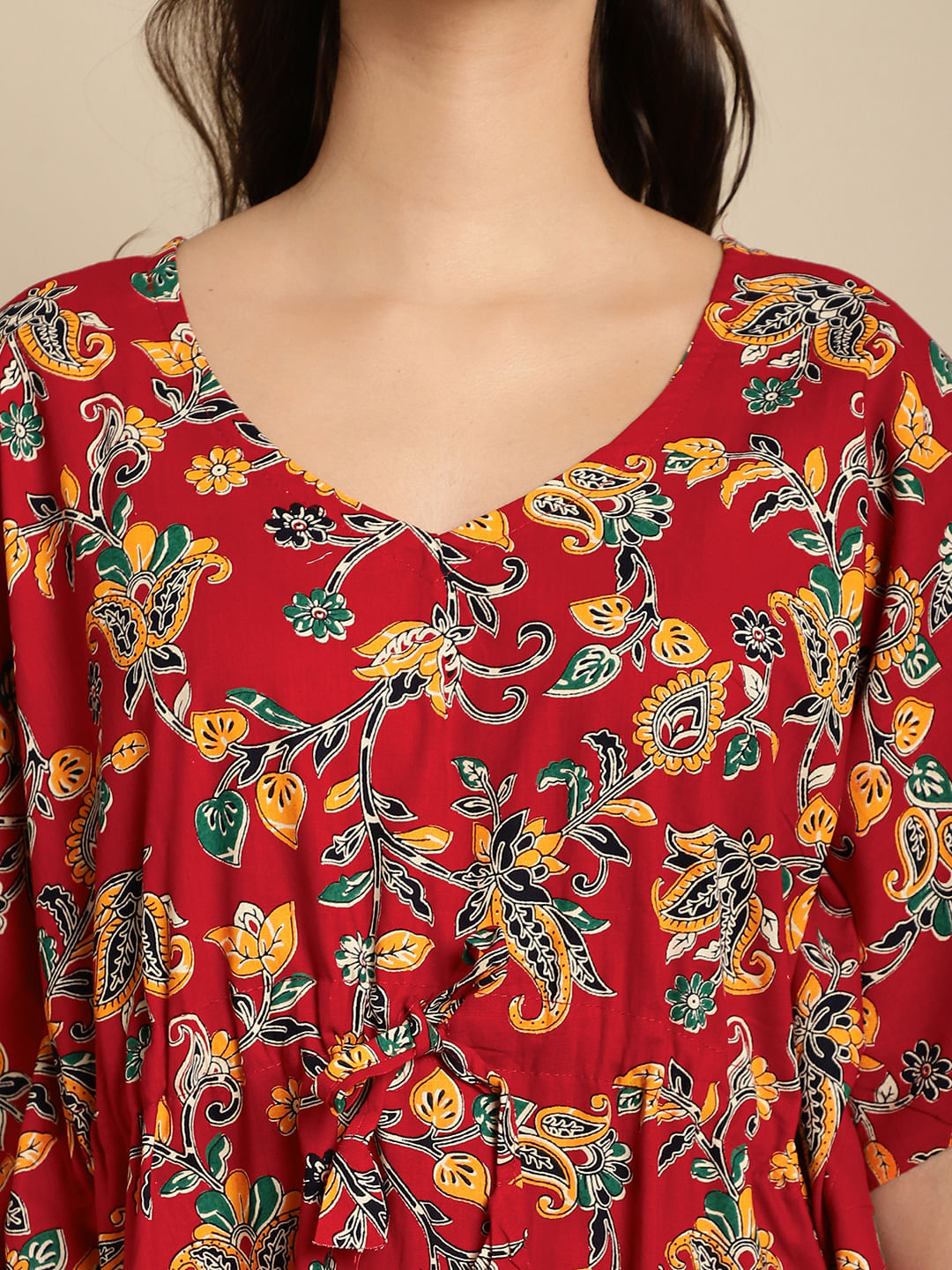 Red & Yellow Batik Print Floral Cotton Kaftan