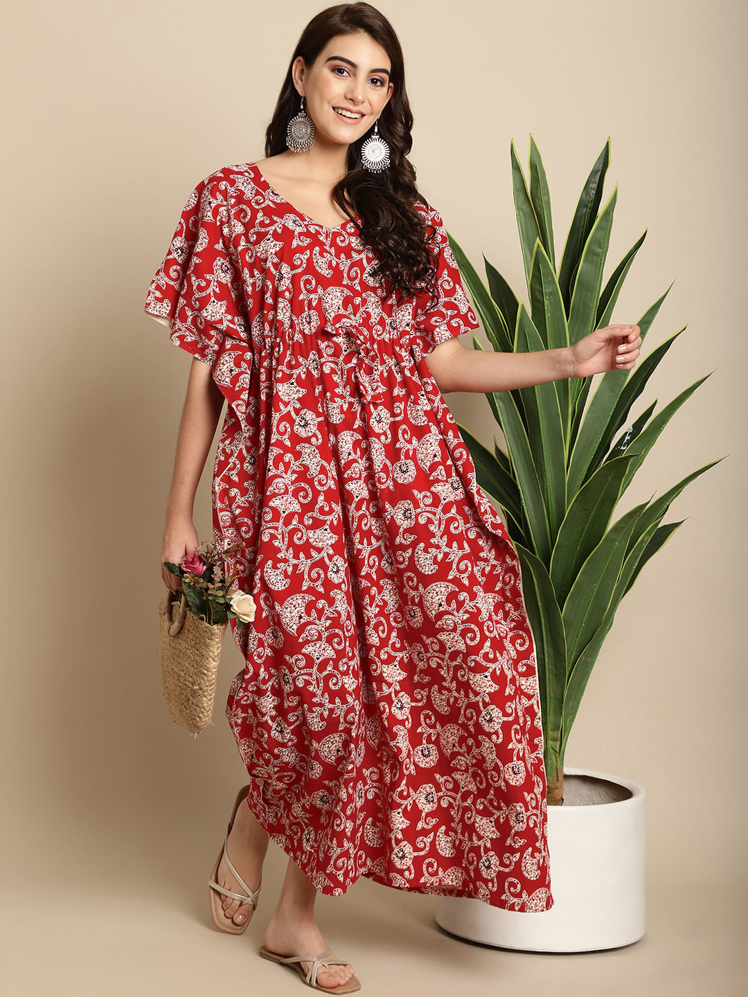 Red & White Batik Print Floral Cotton Kaftan