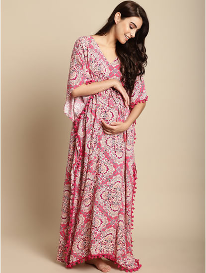 Pink Printed Rayon Maternity Kaftan