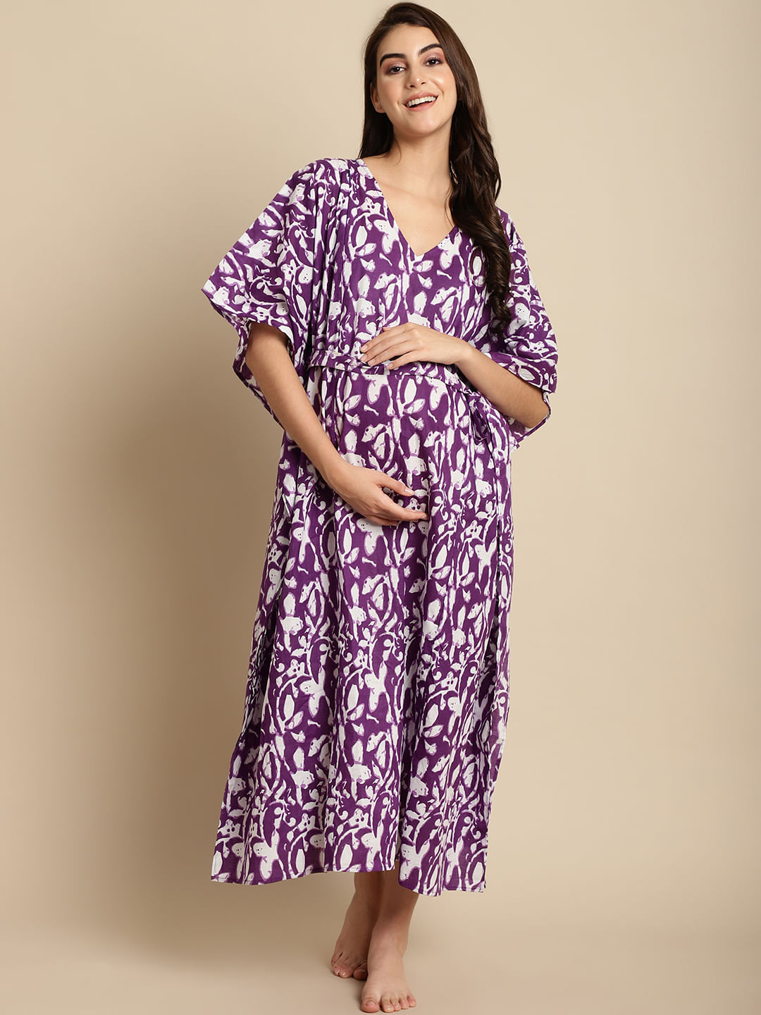 Purple Floral Cotton Maternity Kaftan