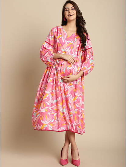 Pink Floral Rayon Maternity Dress