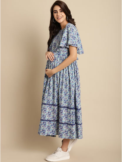Blue Floral Rayon Maternity Dress