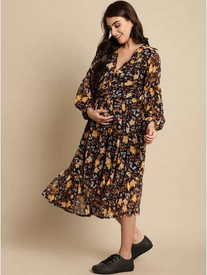 Black Floral Chiffon Maternity Dress