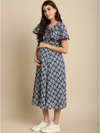 Navy Blue Cotton Printed Maternity Dress