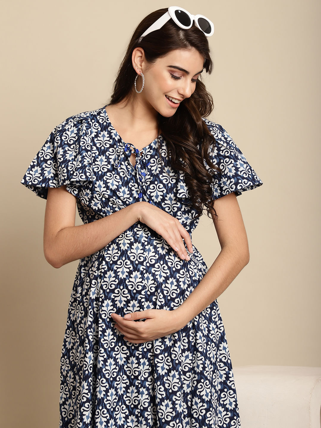 Buy Navy Blue Cotton Printed Maternity Dress for Women Online at