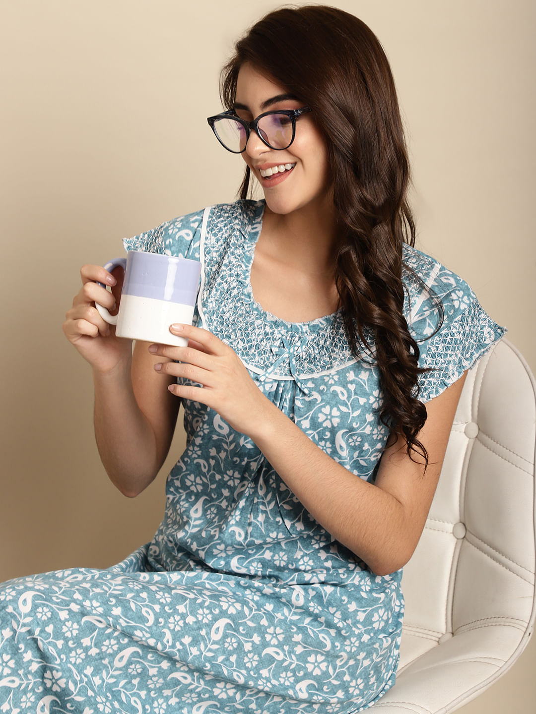 Sky Blue Floral Cotton Nighty