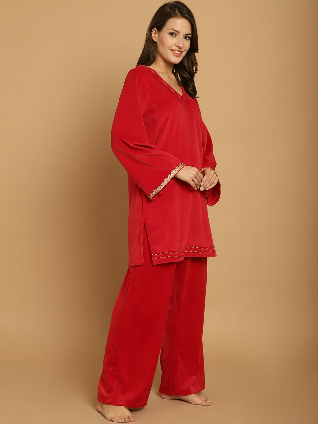 Red Solid Velvet Winter Night Suit