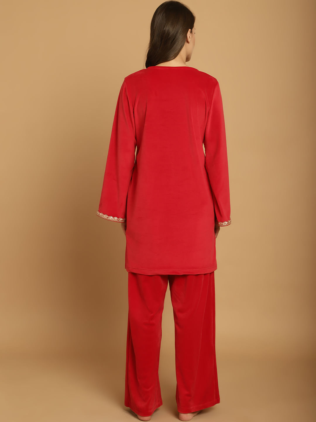 Red Solid Velvet Winter Night Suit