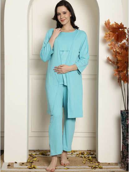 Sky Blue Ribbed Maternity Night Suit