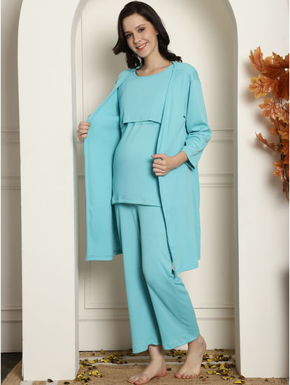 Sky Blue Ribbed Maternity Night Suit