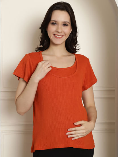Orange Ribbed maternity nursing top