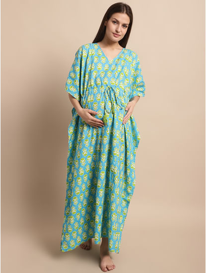 Sky Blue and Green Floral Printed Maternity Kaftan Nighty