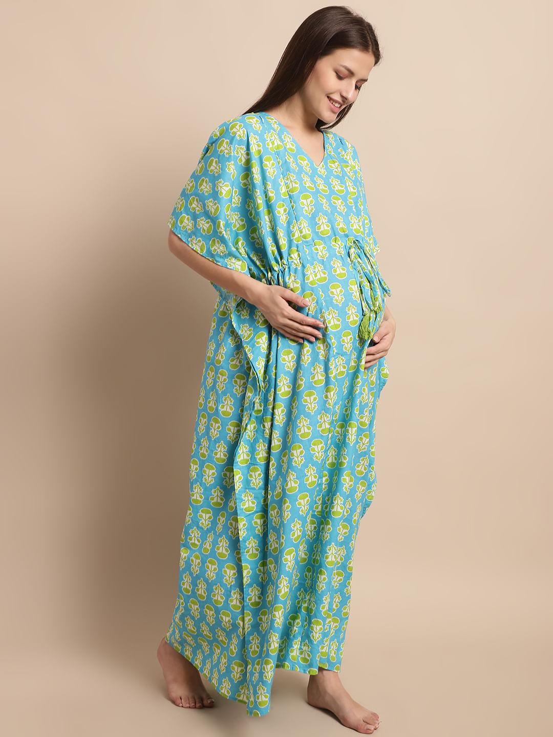 Sky Blue and Green Floral Printed Maternity Kaftan Nighty