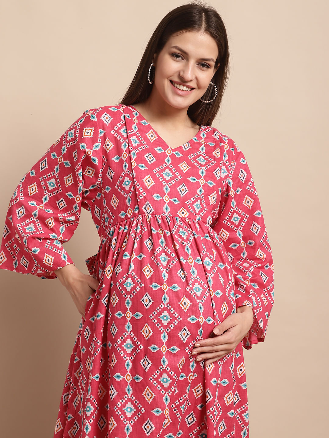 Pink Ethnic Printed Maternity Dress