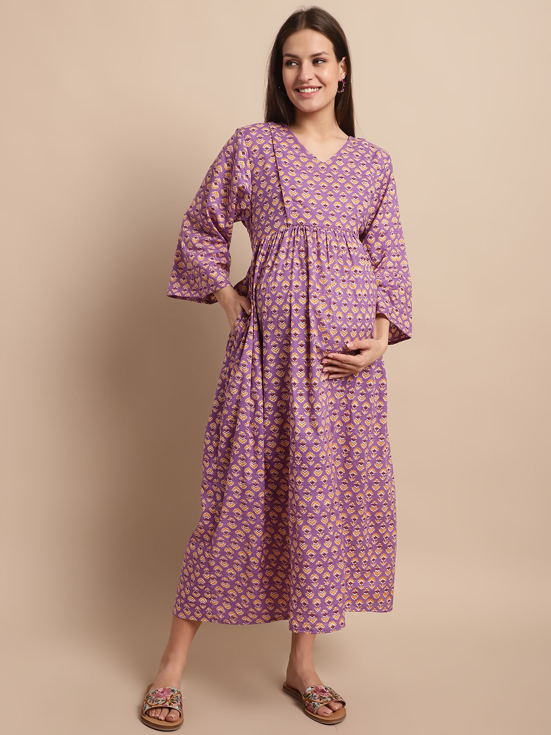 Purple Floral Printed Maternity Dress