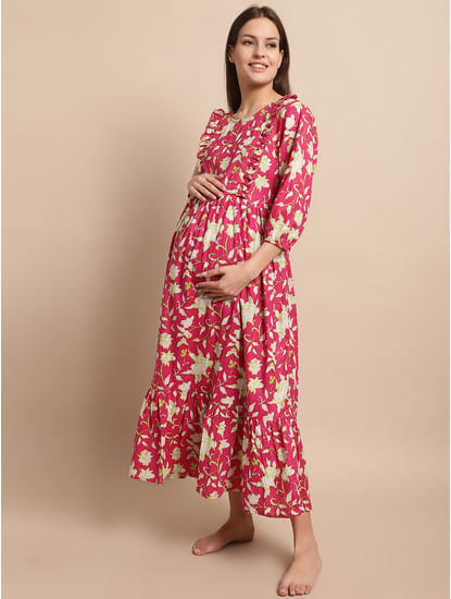 Pink Floral Printed Maternity Dress