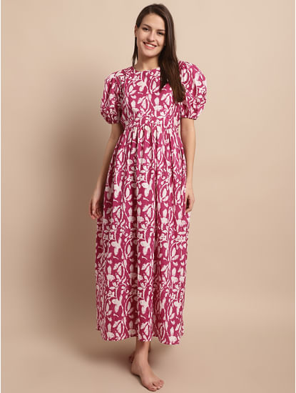 Pink and White Floral Printed Maternity Dress