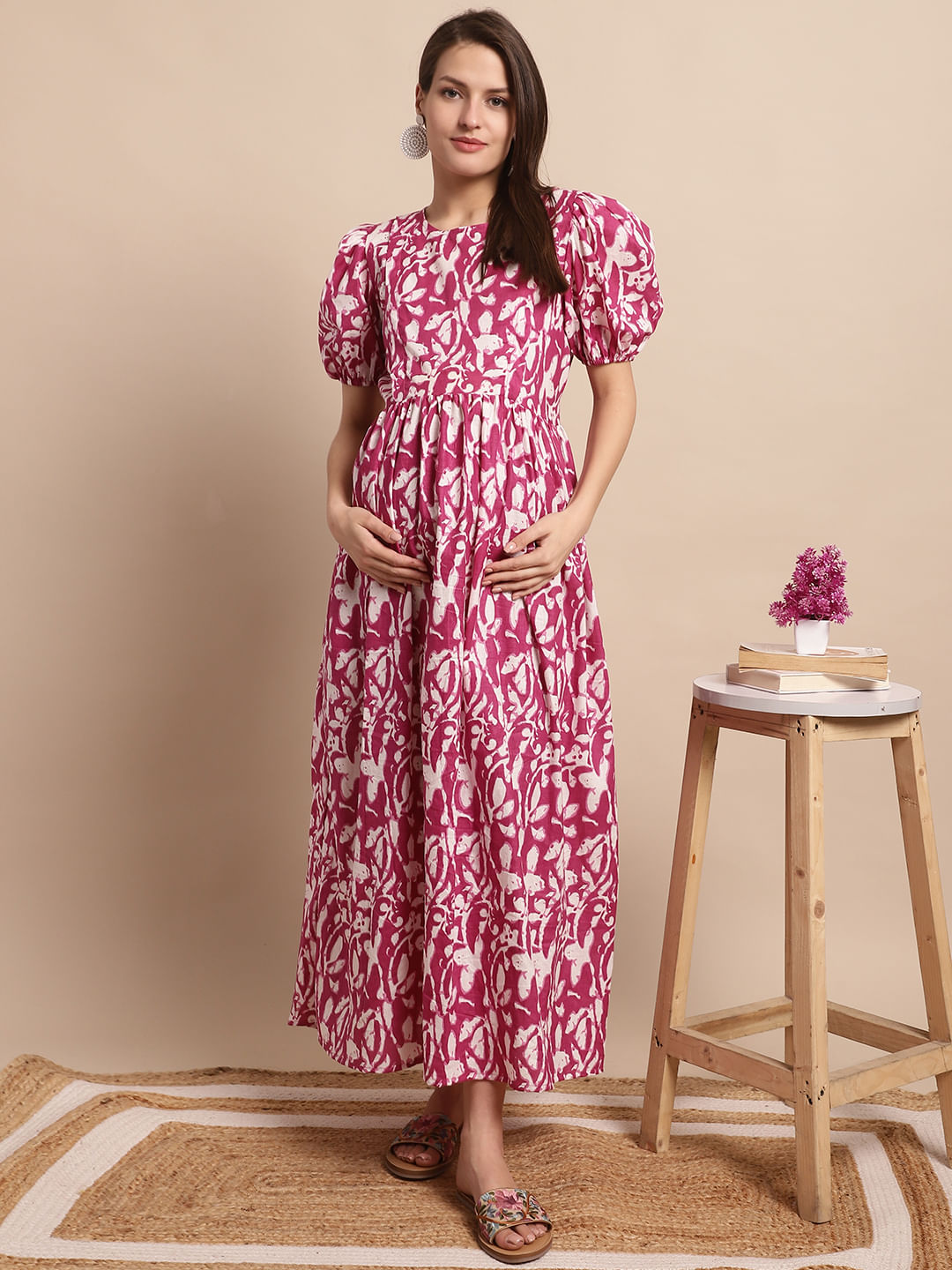 Pink and White Floral Printed Maternity Dress