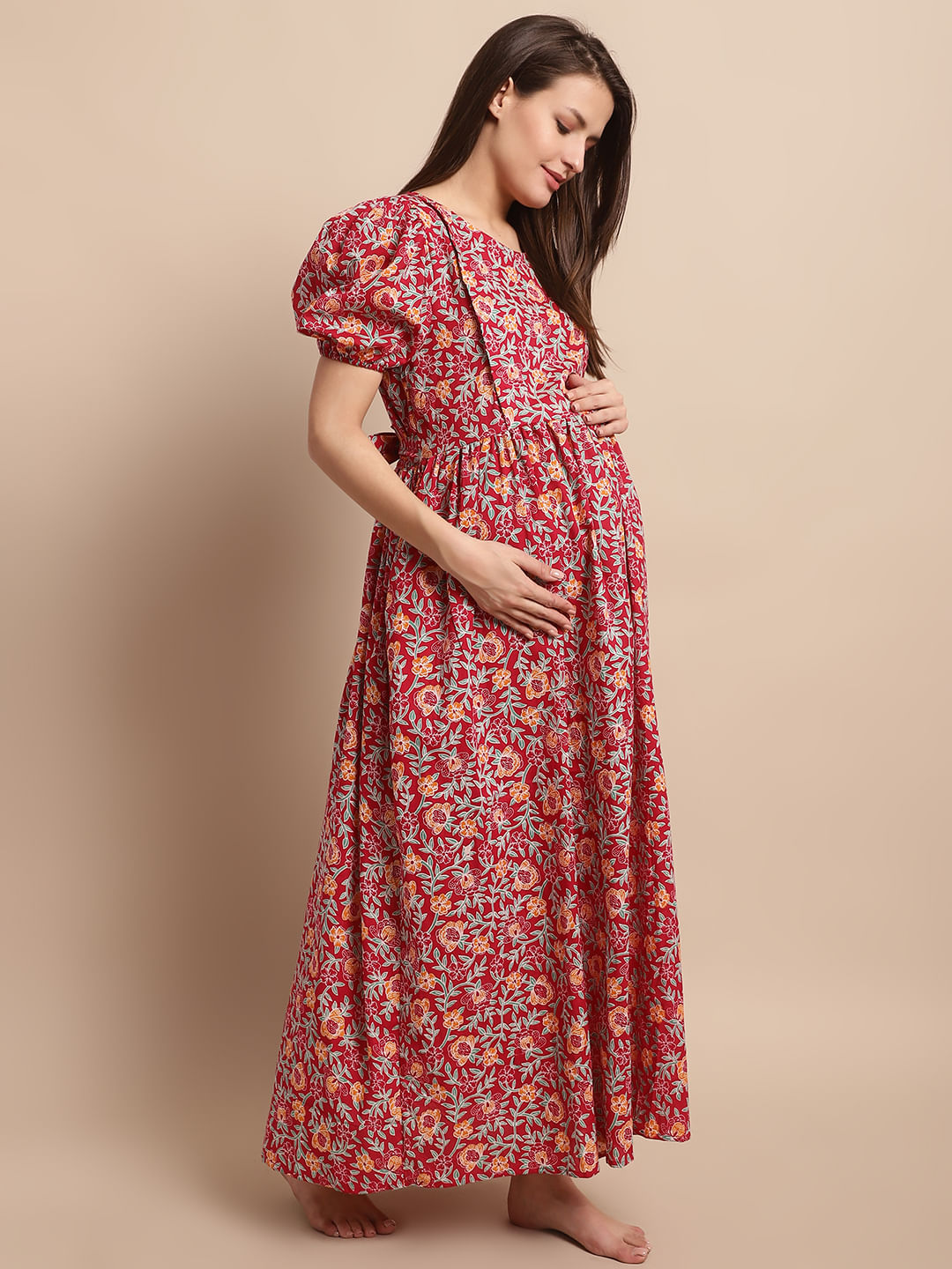 Maroon Floral Printed Maternity Dress