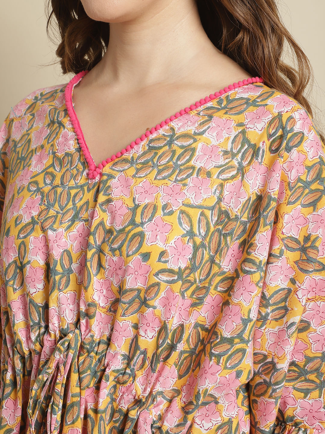 Pink and Yellow Floral Printed Kaftan Nightdress