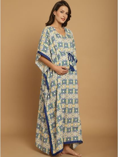 Blue Geometric Print Rayon Maternity Kaftan