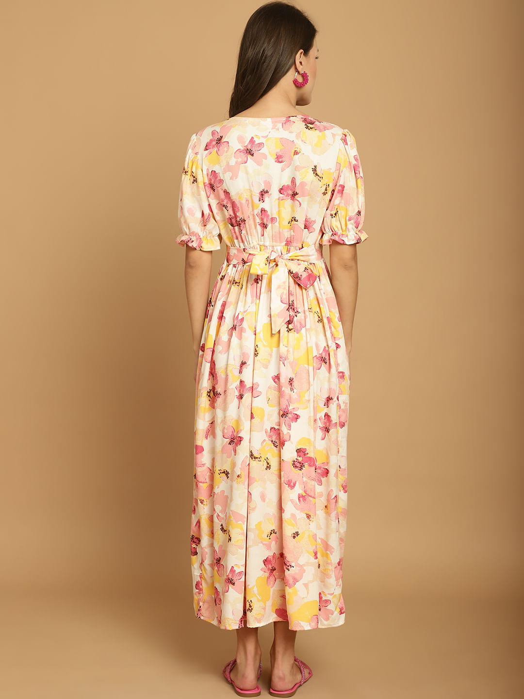 Beige Floral Rayon Maternity Dress