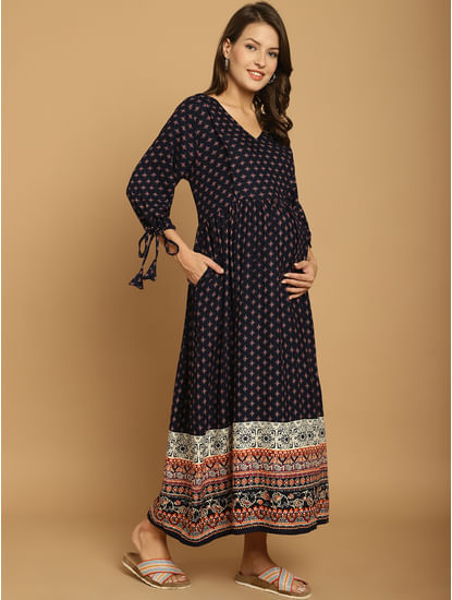 Navy Blue Printed Rayon Maternity Dress