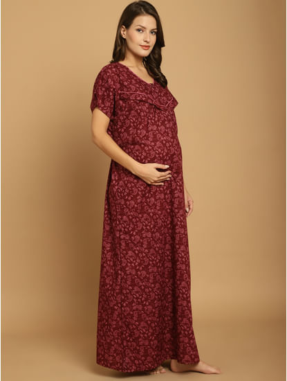 Maroon Floral Cotton Maternity Nighty