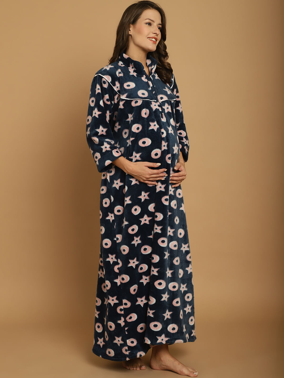 Navy Blue Printed Woolen Woolen Maternity Nighty