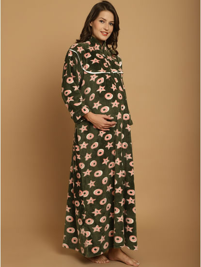 Green Printed Woolen Woolen Maternity Nighty