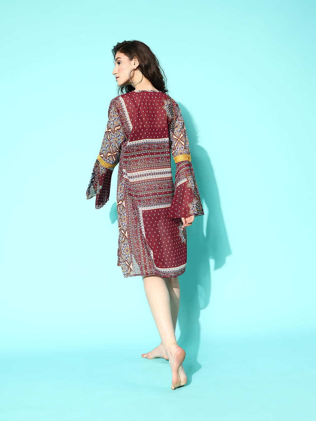Maroon Ethnic Prints Swimwear CoverUp Dress