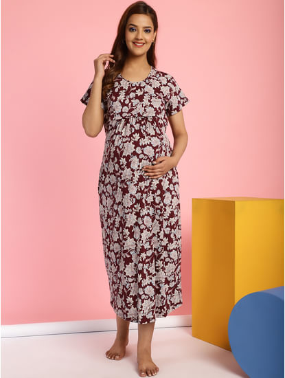 Buy Women's Pure Cotton Printed Maternity Feeding Nighty Gown (M) Pink at