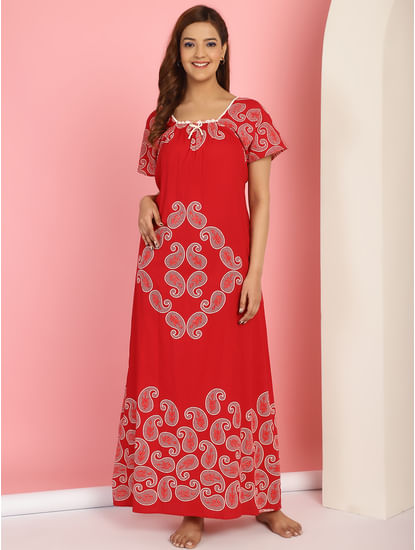 Printed Red Cotton Nighty